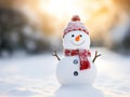 Close-up of a cute toy snowman in a red hat and scarf on a snowy background on a blurred bokeh background in winter Royalty Free Stock Photo