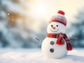 Close-up of a cute toy snowman in a red hat and scarf on a snowy background on a blurred bokeh background in winter Royalty Free Stock Photo