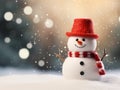 Close-up of a cute toy snowman in a red hat and scarf on a snowy background on a blurred bokeh background in winter Royalty Free Stock Photo