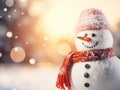 Close-up of a cute toy snowman in a red hat and scarf on a snowy background on a blurred bokeh background in winter Royalty Free Stock Photo