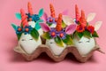 cute unusual Easter unicorn eggs on a pink background with copy space