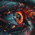 Close-up of a cybernetic eye with futuristic digital enhancements and red neon lights Royalty Free Stock Photo