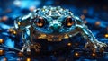 close up of cybernetic transparent glossy frog with lights and chips and electrical terminations inside sitting on a leaves