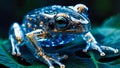 close up of cybernetic transparent glossy frog with lights and chips and electrical terminations inside sitting on a leaves