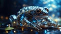 close up of cybernetic transparent glossy frog with lights and chips and electrical terminations inside sitting on a leaves