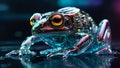 close up of cybernetic transparent glossy frog with lights and chips and electrical terminations inside sitting on a leaves