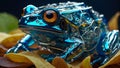 close up of cybernetic transparent glossy frog with lights and chips and electrical terminations inside sitting on a leaves
