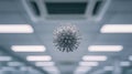 Close-up 3d illustration of a virus particle floating in an indoor space with blurred ceiling lights and ventilation panels in the Royalty Free Stock Photo