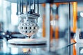 Close-up of a 3D printer crafting a complex, geometric object in a laboratory, highlighting advanced fashion manufacturing and Royalty Free Stock Photo