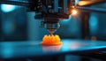 Close up of 3D printer creates orange object on blue surface. Machine tool produces prototype model. Concept for modern tech Royalty Free Stock Photo