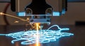 Close up of a 3D printer creating a blue object with sparks flying during the process Royalty Free Stock Photo