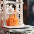 close-up of a 3D printer creating a small intricate model one generative AI