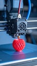Close up of a 3D printer head creating a red geometric lattice object with plastic filament Royalty Free Stock Photo