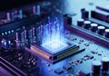 Close-up 3D render of a computer microchip CPU glowing with blue data streams and light on a circuit board in a dark environment Royalty Free Stock Photo