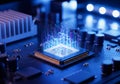 Close-up 3D render of a computer microchip CPU on a motherboard emitting a glowing, abstract data structure Royalty Free Stock Photo