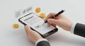 Close Up 3D Render of Digital Contract Signing on Smartphone Featuring Gold Coins and Lock Icon Royalty Free Stock Photo