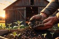 Close-Up 3D Render of a Farmer\'s Hands Holding Soil with Sprouting Seeds, Visible Backlit by Sunset