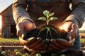 Close-Up 3D Render of a Farmer\'s Hands Holding Soil with Sprouting Seeds, Visible Backlit by Sunset