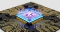 Close-up 3d render of a glowing computer microchip with intricate circuitry radiating energy Royalty Free Stock Photo