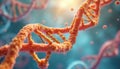Close up 3D render of orange DNA double helix structures floating in blue glowing liquid. Microscopic view of genetic code, Royalty Free Stock Photo