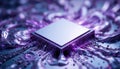 Abstract Microchip Surrounded Flowing Purple Liquid Blurred Blue Background - Futuristic Technology Royalty Free Stock Photo