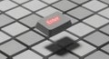 A close-up 3D rendering of a computer keyboard with a gray cube featuring the red Enter key in the center on a white grid Royalty Free Stock Photo