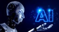 Close-up 3d rendering humanoid robot portraits holding AI tech, shining hologram text glowing on blue background.