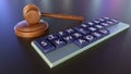 a stenotype keyboard, with a court gavel