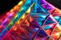 A close up of a 3D tetrahedral prism with vibrant, shifting colors