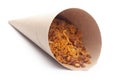 Close-Up Dal Bijli or Dal moth In handmade handcraft brown paper cone bag, made with roasted Masoor Dal black lentils.