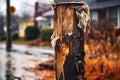 close-up of damaged electrical pole after storm