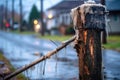 close-up of damaged electrical pole after storm