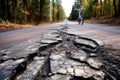 close-up of damaged road with bicycle tire marks Royalty Free Stock Photo