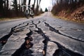 close-up of damaged road with bicycle tire marks Royalty Free Stock Photo