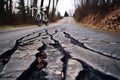 close-up of damaged road with bicycle tire marks