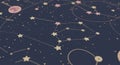 Close-up of a dark blue background with various constellations and stars, creating a celestial map Royalty Free Stock Photo