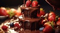 A close-up of a dark chocolate fondue fountain with a cascade of velvety chocolate