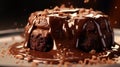 A close-up of a dark chocolate lava cake oozing with molten chocolate from the center