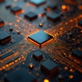 Close-up of dark circuit board with glowing orange lines, black microchips. Electronic hardware shows digital connections, data Royalty Free Stock Photo