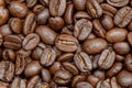 Close up of dark coffee beans background texture of roasted seeds