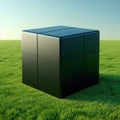 Close-up of a dark cube lying on a green lawn.