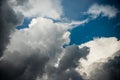 CLOSE UP: Dark grey stormy clouds gather above Lake Maggiore on a calm summer evening. Dramatic shot of clouds covering up the Royalty Free Stock Photo