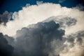 CLOSE UP: Dark grey stormy clouds gather above Lake Maggiore on a calm summer evening. Dramatic shot of clouds covering up the Royalty Free Stock Photo