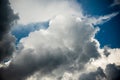 CLOSE UP: Dark grey stormy clouds gather above Lake Maggiore on a calm summer evening. Dramatic shot of clouds covering up the Royalty Free Stock Photo