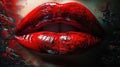 Close-Up of Dark Red Lipstick Liquid Paint on Beautiful Women Lips Dripping Red Color