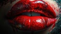 Close-Up of Dark Red Lipstick Liquid Paint on Beautiful Women Lips Dripping Red Color