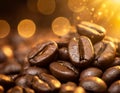 Close-up of dark roasted coffee beans with sparkling golden light