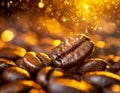 Close-up of dark roasted coffee beans with sparkling golden light