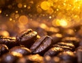 Close-up of dark roasted coffee beans with sparkling golden light