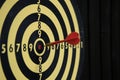 Close-up of a dart board with a defocused red dart in the center. Selective focus